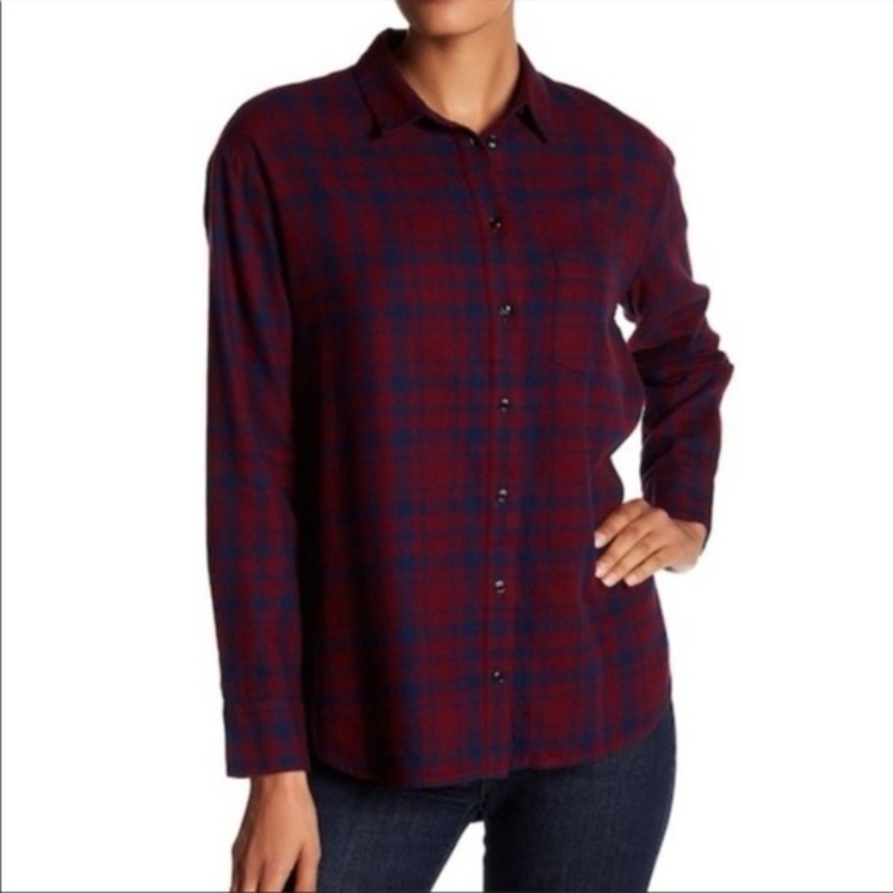 Madewell‎ Ex Boyfriend Oversized Flannel Shirt Lewis Plaid Red Blue Womens Small